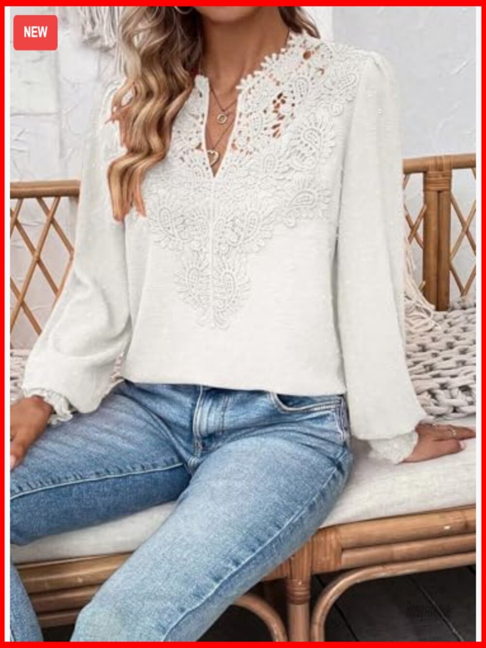 Women's Swiss Dot Long Sleeve Blouse V Neck Flowy Lace Hem Boho Tunic Top - Picture 3 of 7